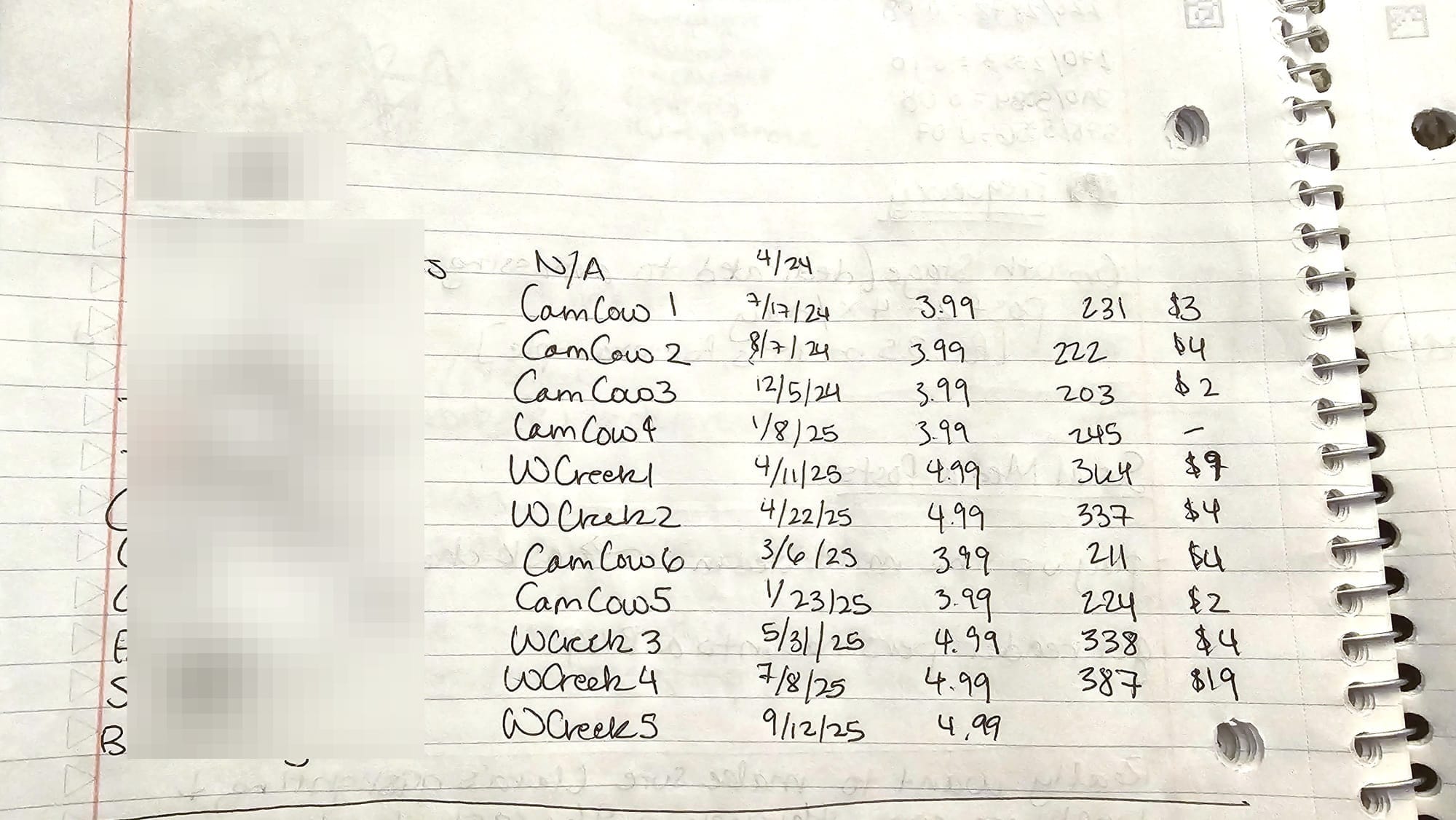 A handwritten table that has columns for series code, date published, price, number of pages, and estimated monthly sales.