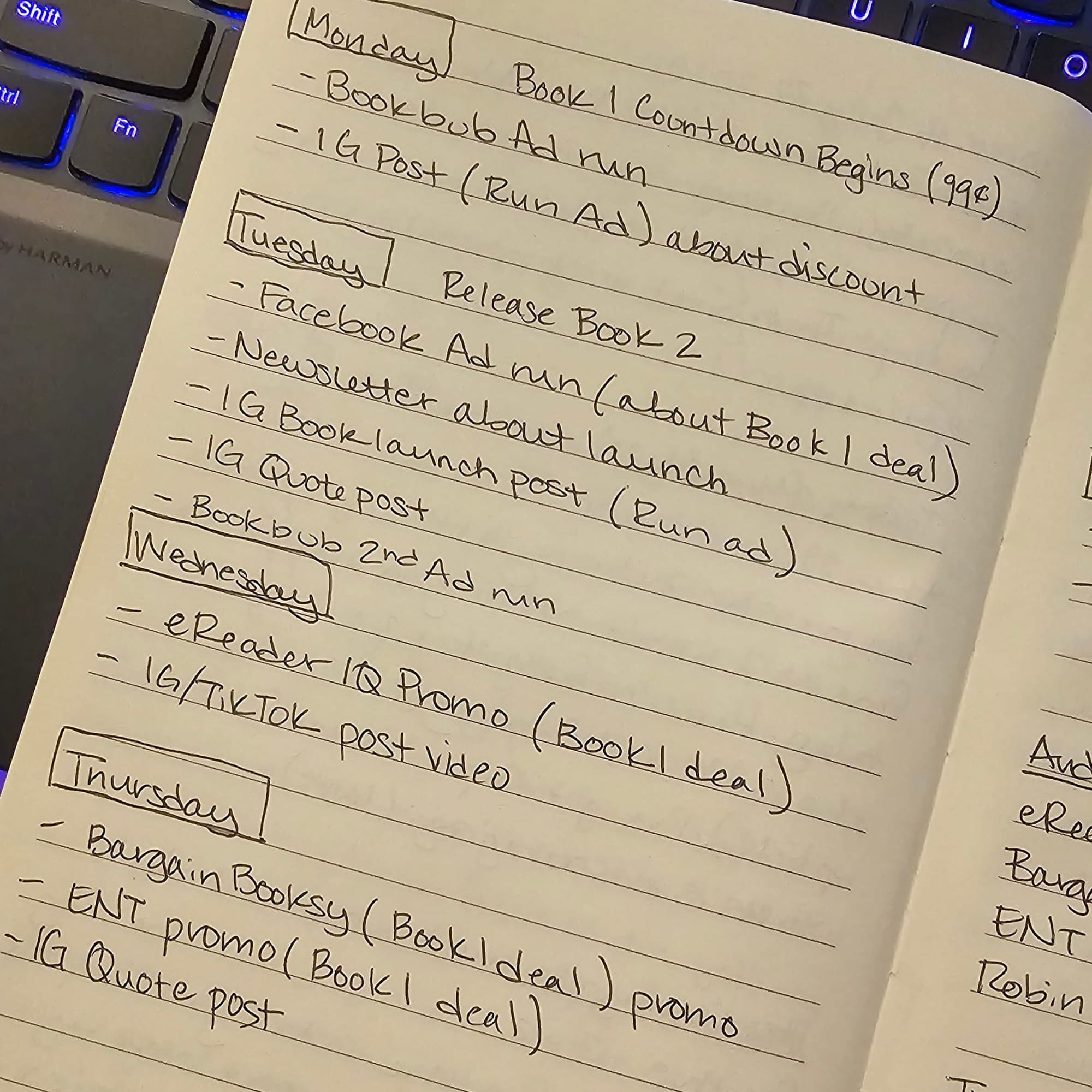 Handwritten notes of the schedule for the launch week including promos and ads (detailed in text of blog).